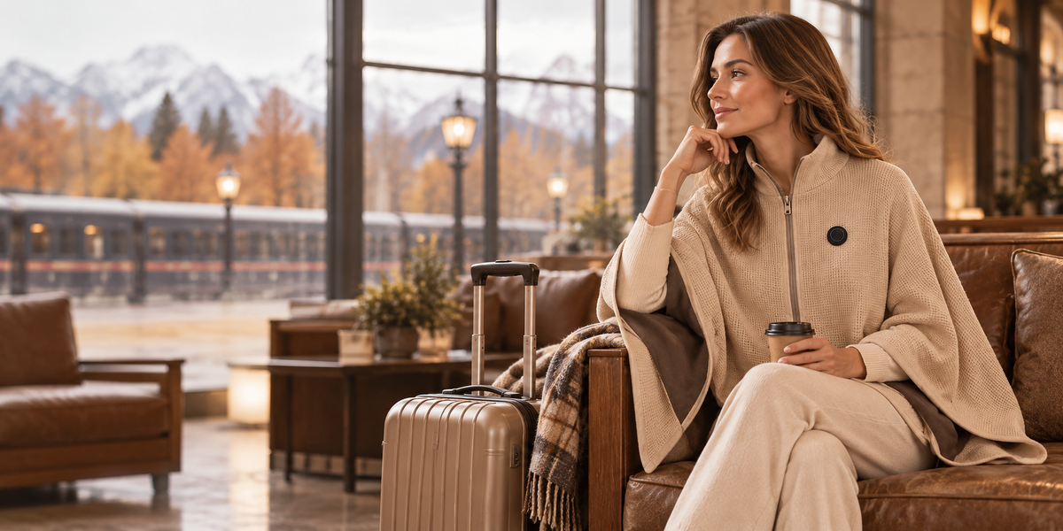 Mujer viajera con CaliManta beige en una pausa acogedora